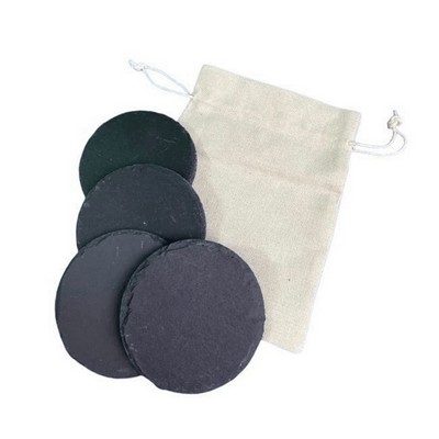 Round Slate Coaster (set Of 4) In Cotton Bag