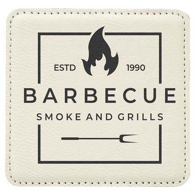 Square Coaster, White Faux Leather, Engraved, 4x4"