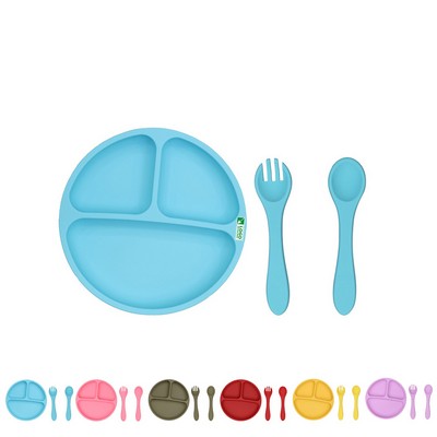 Silicone Round Toddler Divided Plates with Spoon & Fork