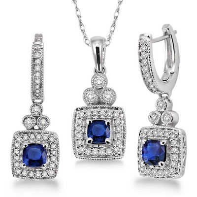 Jilco Inc Diamond And Sapphire Earring And Necklace Set
