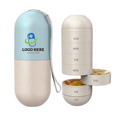 Wheat Straw 7-Day Capsule Pill Box with Lanyard