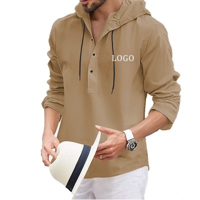Mens Cotton Linen Hoodies Long Sleeve Button Down Shirts