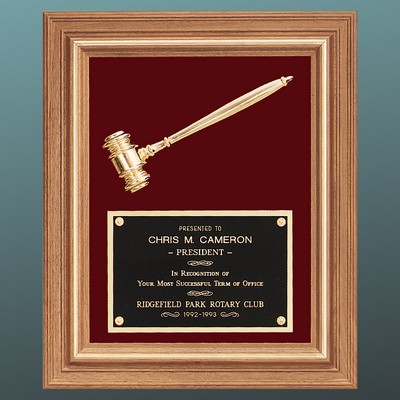 Solid Walnut Framed Gavel Plaque, Red Velour Background and Gold Gavel, 15"x18"