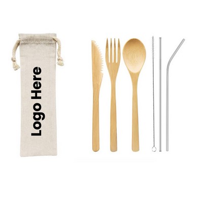 Reusable 6 Piece Bamboo Utensils Set In Canvas Travel Pouch