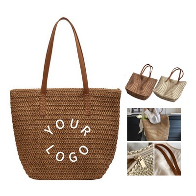 Straw Woven Tote Shoulder Bag With PU Leather Handle