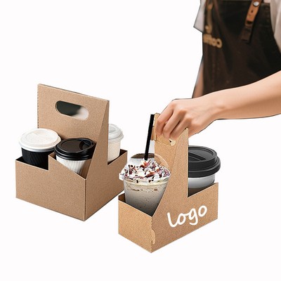 Customized 2 Cups Biodegradable Kraft Drink Carrier With Handle (3.5" X 7.8" X 9.9")