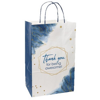 Multi-sided Full Color White Shopper Paper Bag - Blue Handle (8.5" x 13.375" x 5")