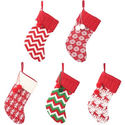 Christmas Knitted Stocking Yarn Sock Reindeer Gift Bag Kids Holiday Bag