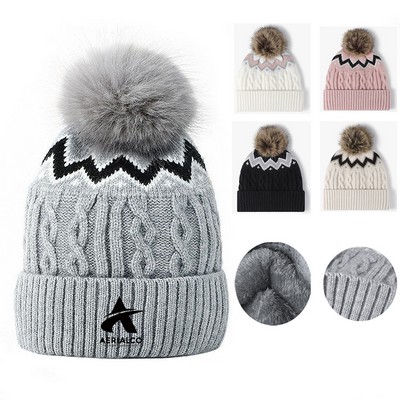 Acrylic Slouchy Firsile Beanie Cap Autumn Winter Embroidery Keep Warm Pom Pom Knit Beanie