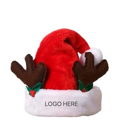 Embroidered Reindeer Antler Santa Hat Plush Red Christmas Party Decoration
