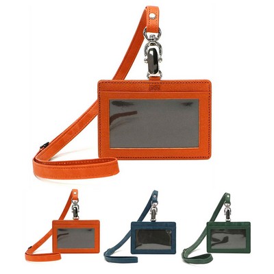 Genuine Leather Lanyard Card Cover ID Badge Holder Work