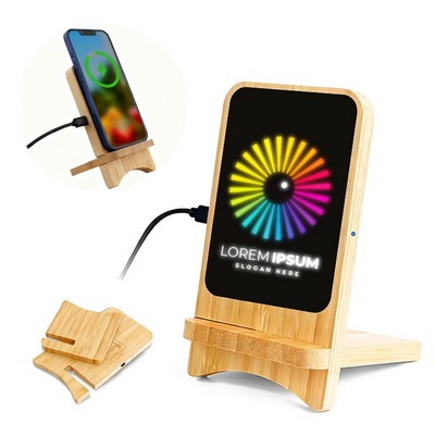 15W Bamboo Wireless Charger Stand with LED Light-Up Logo