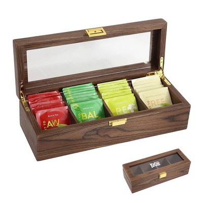 4-Compartment Wooden Tea Box Organizer