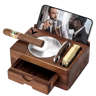 Wood Cigar Ashtray Holder with Cutter Drawer Tray