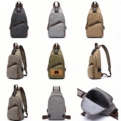 Canvas Sling Chest Bag with USB Charging Port