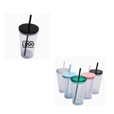 16 oz Double Wall Plastic Tumbler with Straw Reusable Clear Cup