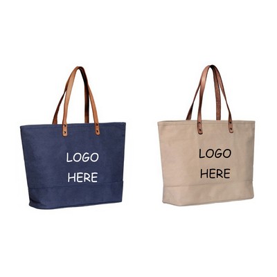 Cotton Canvas Dobby Tote with Leather Handles (19.6"x13"x5.11")