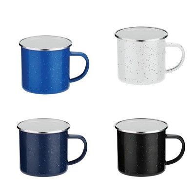 White 16 oz Enamel Camping Mug — Iron Body, Stainless Steel Rim