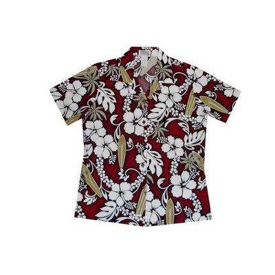 Ladies Red Hawaiian Cotton Poplin Shirt w/Button Front & Short Sleeve