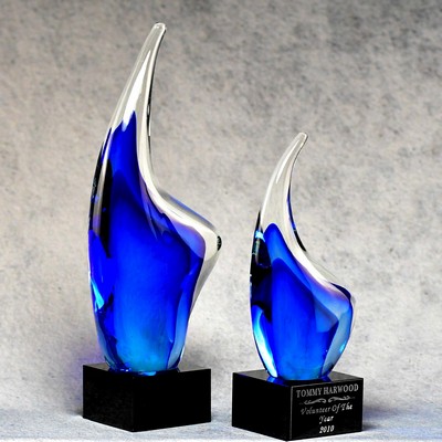 Blue Teardrop Art Glass Award with Black Glass Base - 8.5"