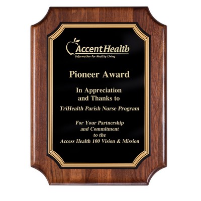 Walnut Plaque with Black Brass Plate and Notched Corners, 8 x 10 1/2"