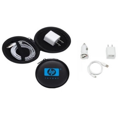 Round Travel Charge Kit w/Wall Charger, Car Charger, and 3-in-1 Cable