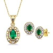 Jilco Inc. Yellow Gold Oval Diamond & Emerald Earring & Necklace Set