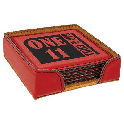 Square Coaster Set, Red Faux Leather, 4" Dia