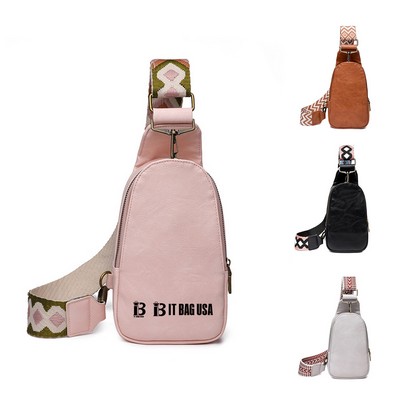 PU Leather Sling Crossbody Bag w/ Wide Strap