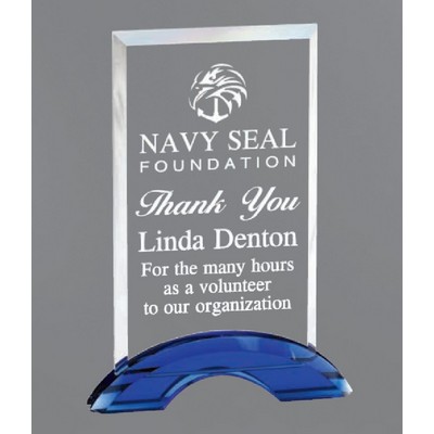 Cascata Rectangle Crystal Award with Blue Base, 7 1/4"H