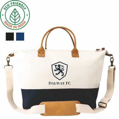 Premium Weekender Heavy Duty Canvas Travel Duffel Bag | Leather Brass Black (20x14x10)