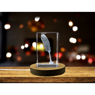 Vintage Feather Pen 3D Engraved Crystal Trophy Award - Elegant Writing Instrument