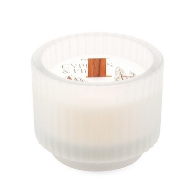 CYPRESS & FIR 5 OZ FROSTED WHITE FOOTED RIBBED GLASS with WOODEN WICK + COP