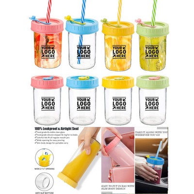 8 Oz Glass Milk Bottles with Lids Straws Small Juice Bottles with Caps