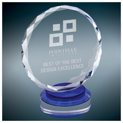 Round Facet Crystal on Multi-Level Blue/Clear Round Base, Large (6"x7"H)