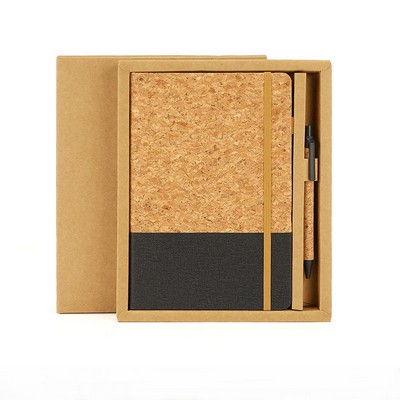 A5 Cork Fabric Patchwork Notebook with Wheat Straw Ball Pen Set