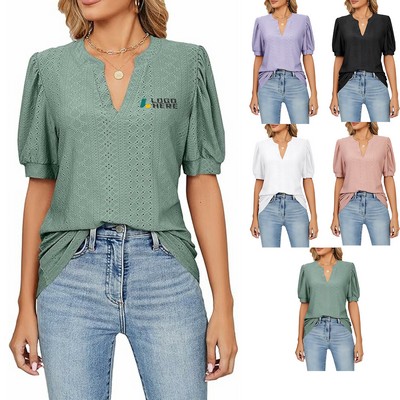 Relaxed-fit Women's Short-Sleeve V-Neck Tee in Solid Colors with Cutout Detail