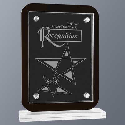 Black Floating Glass Standup Rectangle Plaque on Clear Base, Large (7-1/2"x10"H)