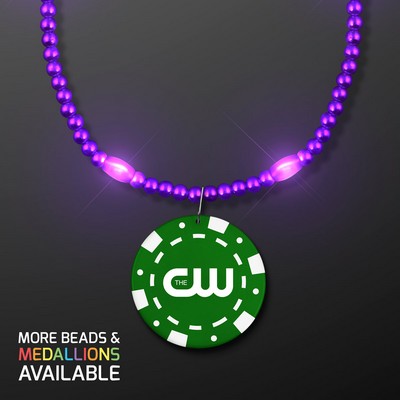 Purple LED Bead Necklace with Green Poker Chip Medallion - PRINTED
