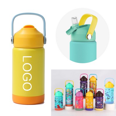 12 Oz Reusable BPA Free Stainless Steel Insulated Kids Water Bottle with Straw and Foldable Handle