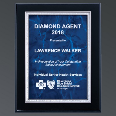 Ebony Piano Rectangle, Sapphire Blue Marble Aluminum Plate w/Silver Florentine, Medium (8"x10")