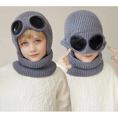 Kids' Winter 2pcs Set: Fleece Lined Knitted Hat & Scarf Combo with Integrated Goggles/Glasses