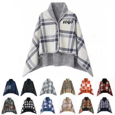 Wearable Fleece Blanket Wrap Shawl Poncho With Buttons
