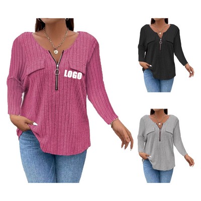 Women Plus Size Sweaters Three Quarters Sleeve Zip