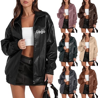 Women Faux Leather Jacket Oversized Motorcycle Bomber Coats