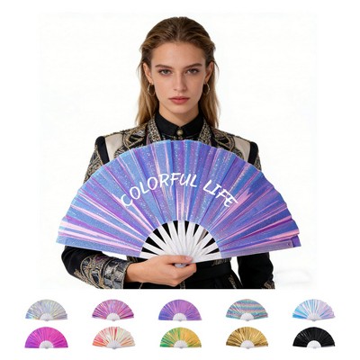 13" Laser Colors Folding Hand Fan Clack Fan Clear Handle