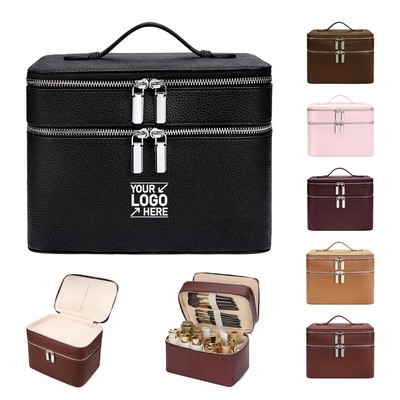 Double Layer PU Leather Cosmetic Train Case with Top Handle