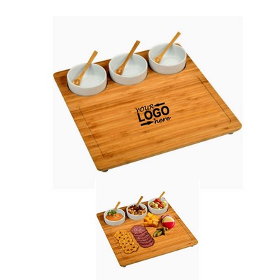 Bamboo Serving Board Set with Ceramic Bowls