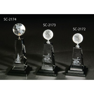 Golf Tower Crystal Award w/ Black Glass Base (4"x4"x10") - Large