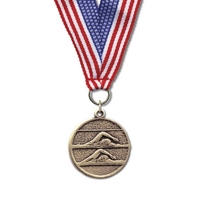 Double Swimmers Cast CX Medal w/Grosgrain Neck Ribbon (1 1/8")